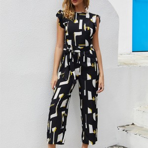 2019 Summer Black Print Jumpsuit Women Streetwear O-Neck Ruffles Sleeve Pocket Casual Rompers Women Sashes Overall Jumpsuit